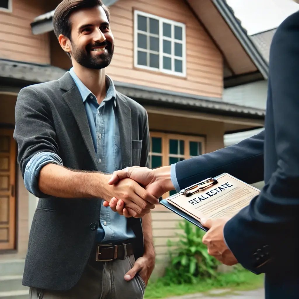 DALL·E 2024-09-08 13.32.58 - A professional real estate agent shaking hands with a relieved homeowner outside a slightly distressed house. The house has some visible wear but is c